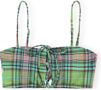 Ganni Recycled Seersucker Tie-front Bikini Top - Size 10/12 Green