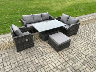 Fimous 7 Seater Outdoor Rattan Furniture Garden Dining Set Patio Height Adjustable Rising lifting Table with 3 Seater Sofa Reclining Chair