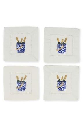 Tiramisu Bubbly Bliss Embroidered Linen Cocktail Napkins in Blue/Gold at Nordstrom Rack