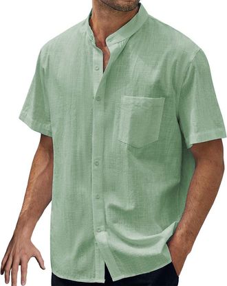 Generic Linen Short Sleeve Grandad Shirts for Men, Casual Shirts for Men Short Sleeve with Stand Collar Urban Stylish Cool Shirts Top Vintage Tropical Shirt C