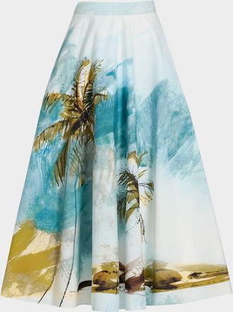 Oscar De La Renta Beach Palm Print Cotton Poplin Midi Skirt