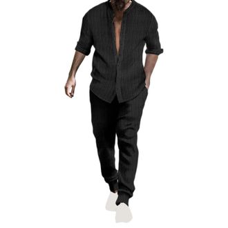 Generic Mens 2 Pieces Casual Outfits, Henley Shirts, 2-Piece Holiday Outfits, Beach Wear, Leisure Suit, Long Sleeve Shirt, Casual Trousers, Collar, Walking Su