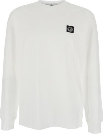 Stone Island White Long-sleeve Crewneck T-shirt With Logo Patch On The Front In Cotton Man
