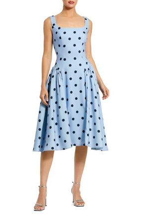 Mac Duggal Polka Dot A-Line Midi Dress with Square Neck and Ruffle Gussets in Sky Multi at Nordstrom, Size 4