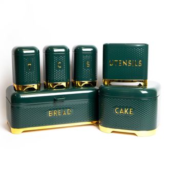 KitchenCraft 6pc Gift-Boxed Hunter Green Kitchen Set with Tea, Coffee & Sugar Canisters, Utensil Store, Cake Tin & Bread Bin