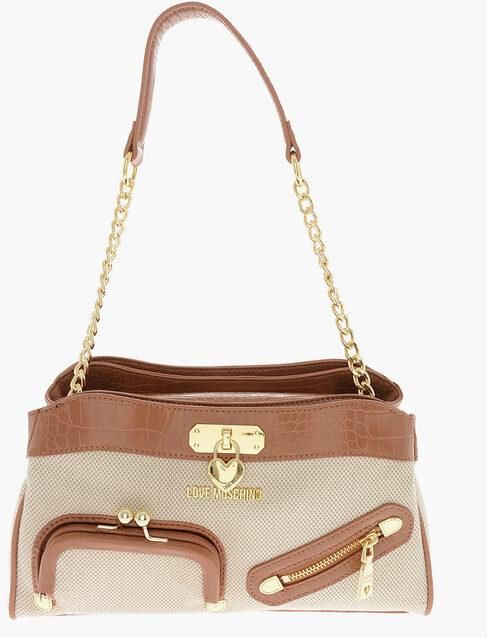 LOVE Woven Fabric Handle Bag with Crocodile-Effect Faux Leat size One