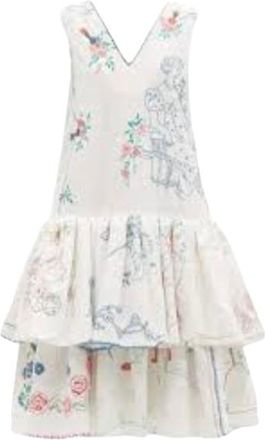 Chopova Lowena Embroidered Organic Cotton Picture Ruffle Hem Dress Size S