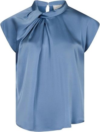 Neo Noir Stoffige Blauwe Drapy Satijnen Blouse - Dames - Blouses - Blauw - S - Satijn - Overhemden