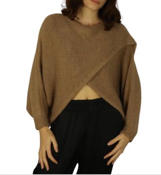 Generic Womens Orla Batwing Crossover Jumper Oversized Knit Pullover Top with Relaxed Fit Boat Neck Batwing Sleeves Layering Sweater One Size UK 8-18 Camel