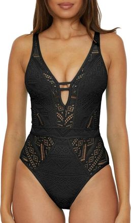 BECCA by Rebecca Virtue Color Play Swimsuits Womens Black Crochet Plunge One Piece RED280