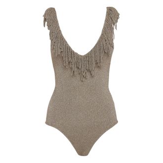 Simona Corsellini Body, female, Beige, Size: L Body in maglia con scollo profondo e frangia lurex