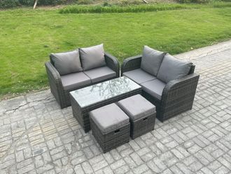 Fimous Patio Garden Furniture Sets Wicker Outdoor Rattan Furniture Sofa Sets with Rectangular Coffee Table 2 Small Footstools in Dark Grey