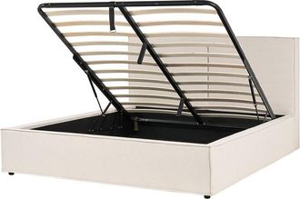 Beliani Eu King Size Bed Frame 5ft3 Fabric Upholstery Slatted Base Storage Ottoman Modern Bedroom Beige Moissac