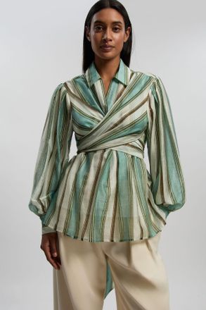 Karen Millen Womens Stripe Slub Organdie Drama Sleeve Woven Wrap Detail Blouse - Multicolour viscose - Size 10 UK