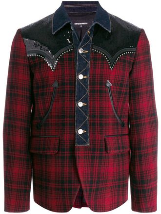 Dsquared2 denim-trim plaid blazer - men - Polyester/Cotton/Cotton/Leather/Spandex/Elastane/Wool/Polyester - 48