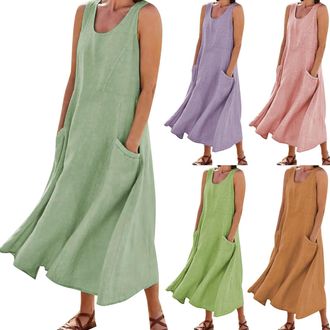 Generic Ladies Linen Dresses, Sleeveless Crew Neck Solid Maxi Sundresses with Pockets Summer Beach Casual Loose Long Sundress Cotton Linen Dresses for Women U