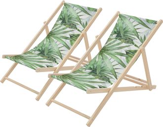 ECD Germany Ecd Germany 2x Sillas De Playa De Madera Con Dise&ntilde;o Palmera Verde-blanca Tumbona Plegable Con Respaldo Ajustable En 3 Posiciones De Reclinaci&oacute;n Asient
