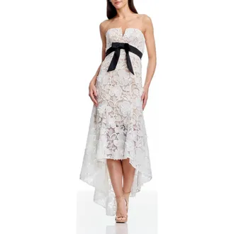 Dress The Population Lucia Floral Lace High-Low Cocktail Dress in White-Black at Nordstrom, Size Small