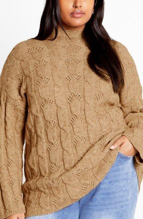 City Chic Iris Mock Neck Cable Knit Sweater in Sand at Nordstrom