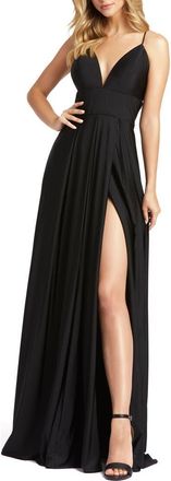 Mac Duggal Plunge Neck High Slit Gown in Black at Nordstrom, Size 14