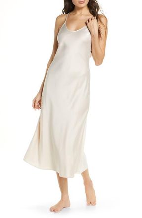 Rya Collection Kiss Appliqu&eacute; Back Long Satin Nightgown in Champagne at Nordstrom, Size X-Large