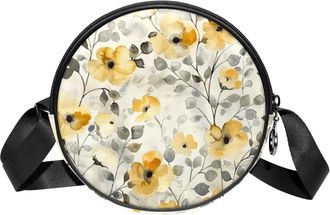 Generic Circle Crossbody Bag for Women, Floral Leaves Small Sling Bag Daypack with Zipper Adjustable Shoulder Straps Casual Ladies Girls Round Purse