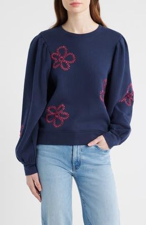 Rails Tiffany Floral Embroidered Balloon Sleeve Cotton Sweatshirt in Navy at Nordstrom Rack, Size Xx-Small