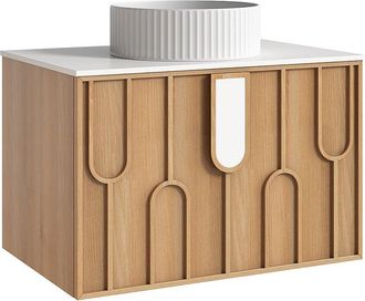 Vente-Unique Mueble de ba&ntilde;o texturizado suspendido con lavabo sobre encimera redondo estriado - Natural claro - An. 75 cm - MERKAN