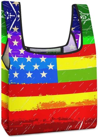 Generic American Rainbow Pride Flag Shopping Bag Reusable Grocery Tote Bag Foldable Handbag for Travel Picnic
