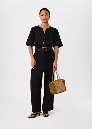 Whistles Fiona Linen Button Jumpsuit in Black at Nordstrom, Size 10