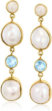 Ross-Simons 6-12mm Cultured Pearl and Aquamarine Drop Earrings in 18kt Gold Over Sterling
