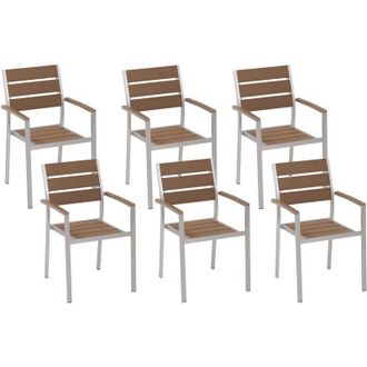 Beliani Set of 6 Modern Outdoor Dining Chairs Aluminium Light Wood and Silver Vernio