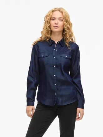 Vila Jeansbluse VILA VIBISTA DENIM SHIRT/SU-NOOS, Damen, Gr. XXL (44), dunkelblau denim detail:rinse wash, Web, Obermaterial: 70% Lyocell, 30% Baumwolle, u