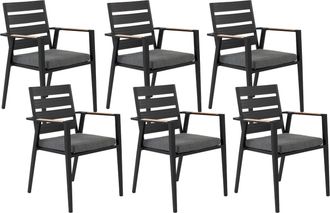 Beliani Conjunto De 6 Sillas De Jard&iacute;n De Metal Negro Gris Madera Clara Cojines Taviano