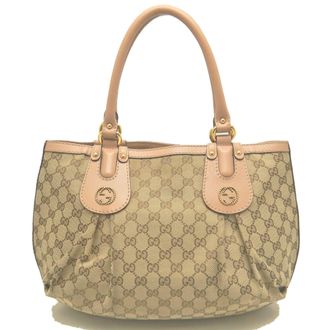 Gucci Beige Yellow Gg Canvas Leather Tote Bag (Pre-Owned)