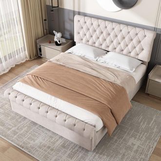 C&A Luxurious 5ft Velvet Button-Tufted Sleigh Bed with Storage&Slatted Frame in Beige