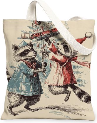 Generic Christmas Animal Canvas Tote Bags, Vintage Raccoon Design Lightweight Washable Shopping Bags, Festive Eco-Friendly Reusable, Beige, 13x15 Inch
