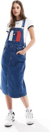 Tommy Jeans flag overall dress in mid wash-Blue