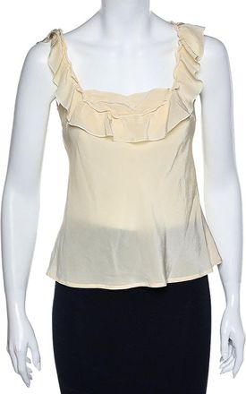 Love Moschino Cream Silk Ruffled Neck Sleeveless Top