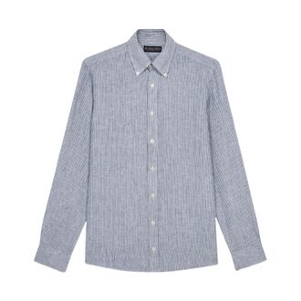 Brooks Brothers Navy gestreept linnen casual overhemd - Heren - Casual Overhemden - Blauw - 2XL - Linnen - Overhemden