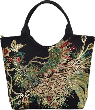 Generic Women Shoulder Bag Peacock Embroidered Shiny Sequins Zipper Canvas Tote Handbag Vintage Fashion Versatile Occasions