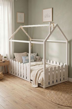 Living and Home Wooden House Childrens Bed with Fence and Roof in White