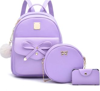 I Ihayner Girls Bowknot 3-Pieces Fahsion Leather Backpack Backpack Purse for Women Rucksack for Ladies Shoulder Bag Purple