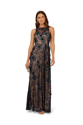 Adrianna Papell Womens Bead Lace Long Dress - Blue - Size 10 UK