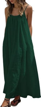 Generic Spaghetti Backless Dresses for Women Summer Solid Color Strap Maxi Dresses Casual Sleeveless Flowy Beach Dress Deep Green