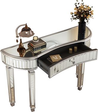 STILVORA Consola Con 1 Caj&oacute;n, Cristal Acanalado Y Esquinas Redondeadas Para Entrada, Sal&oacute;n O Dormitorio, En Vidrio Y Mdf, 120 X 38 X 78 Cm, Gris Y Plata