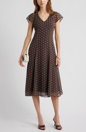 Open Edit Short Sleeve Godet Pleat Dress in Brown- Ivory Corner Dot at Nordstrom, Size Xx-Small