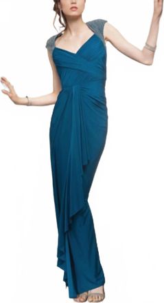 MIGNON Beaded Cap Sleeve Gown In Teal