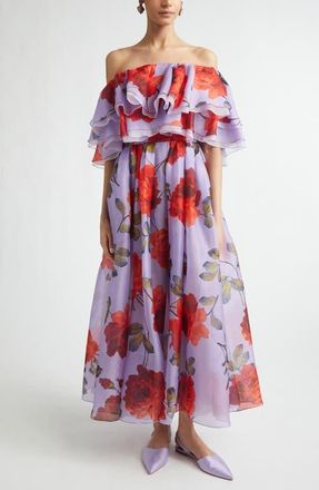 Carolina Herrera Rose Print Off the Shoulder Silk Organza Midi Dress in Violeta Multi at Nordstrom, Size 10