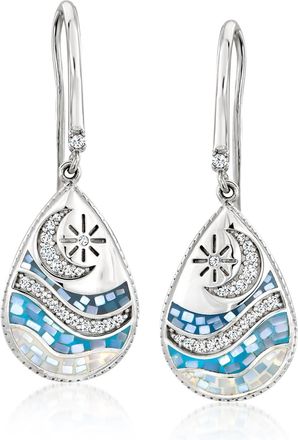 Ross-Simons Mother-Of-Pearl and. CZ Moon, Star and Wave Drop Earrings in Sterling Silver